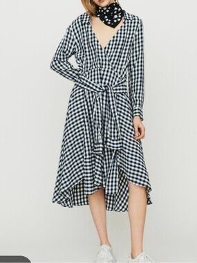 Maje Black and White Gingham High-Low Tie-Waist Dress